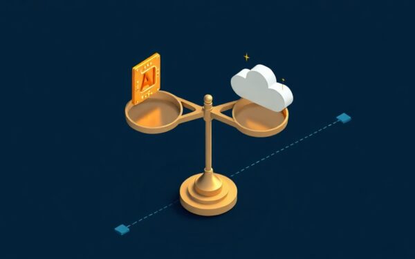 Isometric illustration of a balance scale with AI chip and cloud, symbolizing strategic AI adoption in enterprise.
