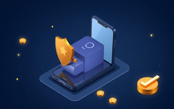 Isometric illustration showing AI chatbot, shield, and checkmark on dark navy background with gold accents