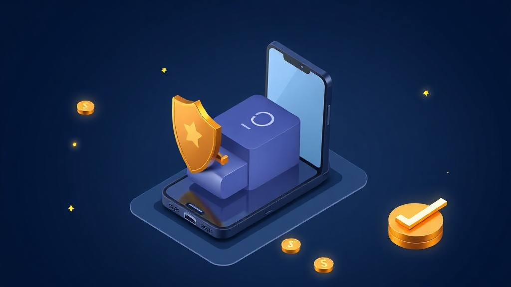 Isometric illustration showing AI chatbot, shield, and checkmark on dark navy background with gold accents