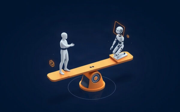 Isometric illustration of human and AI balancing on a seesaw over a digital landscape.