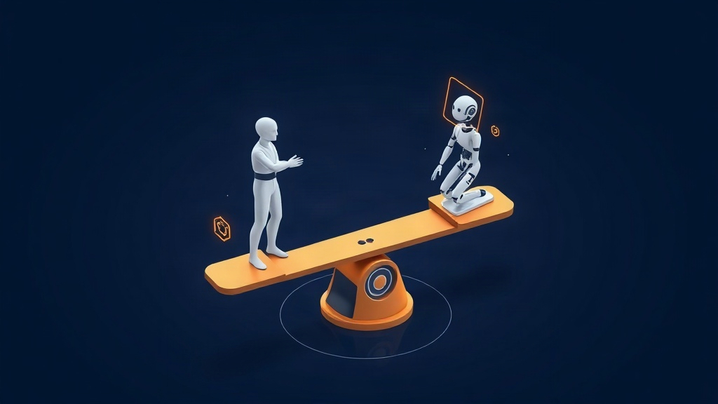 Isometric illustration of human and AI balancing on a seesaw over a digital landscape.