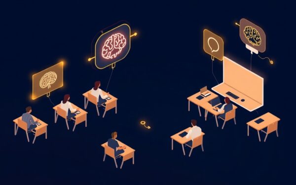 Isometric illustration of a classroom with AI holograms over students' desks, symbolizing the integration of technology in education.