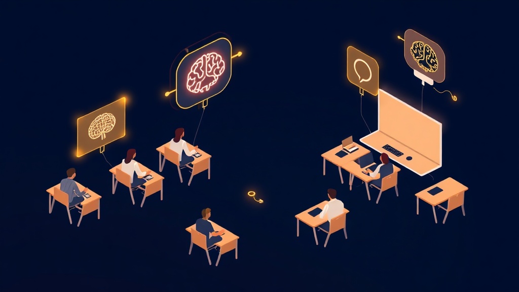 Isometric illustration of a classroom with AI holograms over students' desks, symbolizing the integration of technology in education.