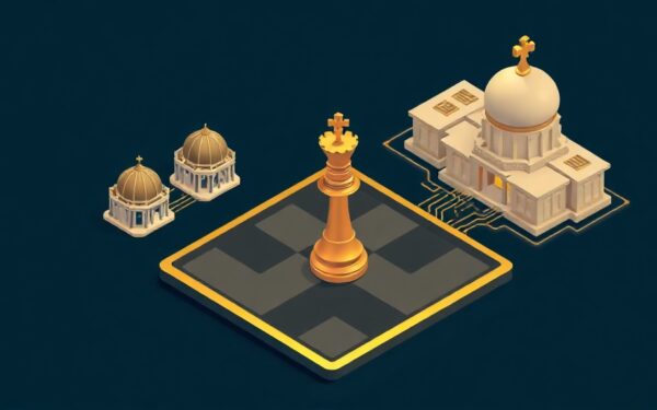 Isometric illustration of a golden chess king piece advancing on a dark navy background with subtle circuit patterns and capitol dome shapes, symbolizing AI industry political influence.
