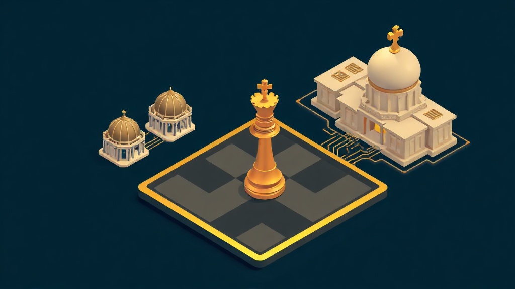 Isometric illustration of a golden chess king piece advancing on a dark navy background with subtle circuit patterns and capitol dome shapes, symbolizing AI industry political influence.