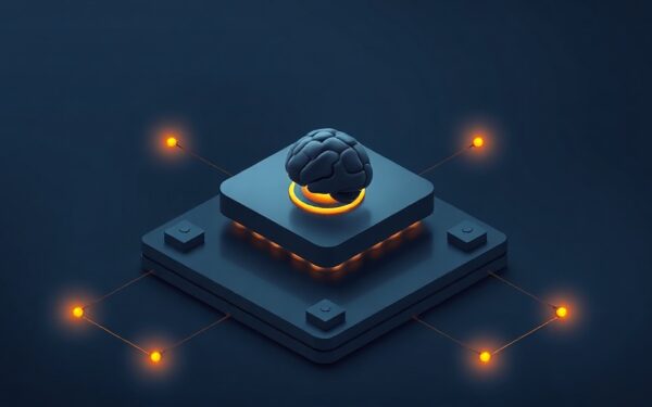 Isometric illustration of a cloud-based AI network with gold accents on a dark navy background.