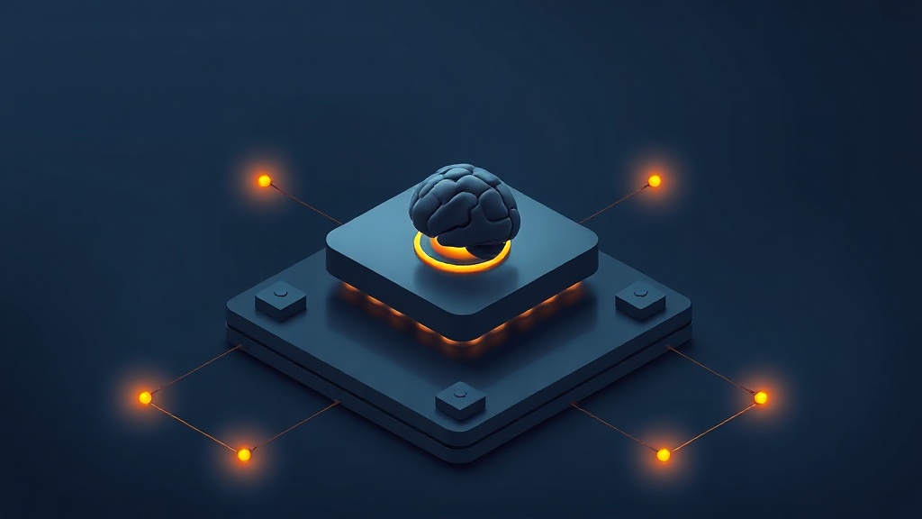 Isometric illustration of a cloud-based AI network with gold accents on a dark navy background.