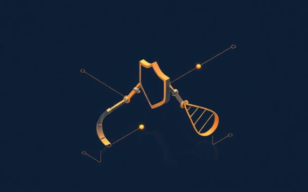 Isometric illustration of AI-powered virus creation with a security shield over a DNA helix
