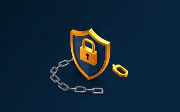 Isometric shield with lock on dark navy background with gold accents representing data breach protection