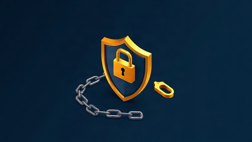 Isometric shield with lock on dark navy background with gold accents representing data breach protection