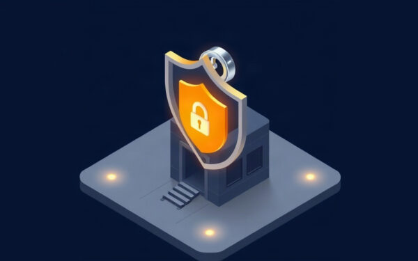 Isometric illustration of a shield protecting a small business from a phishing hook, in navy and gold.
