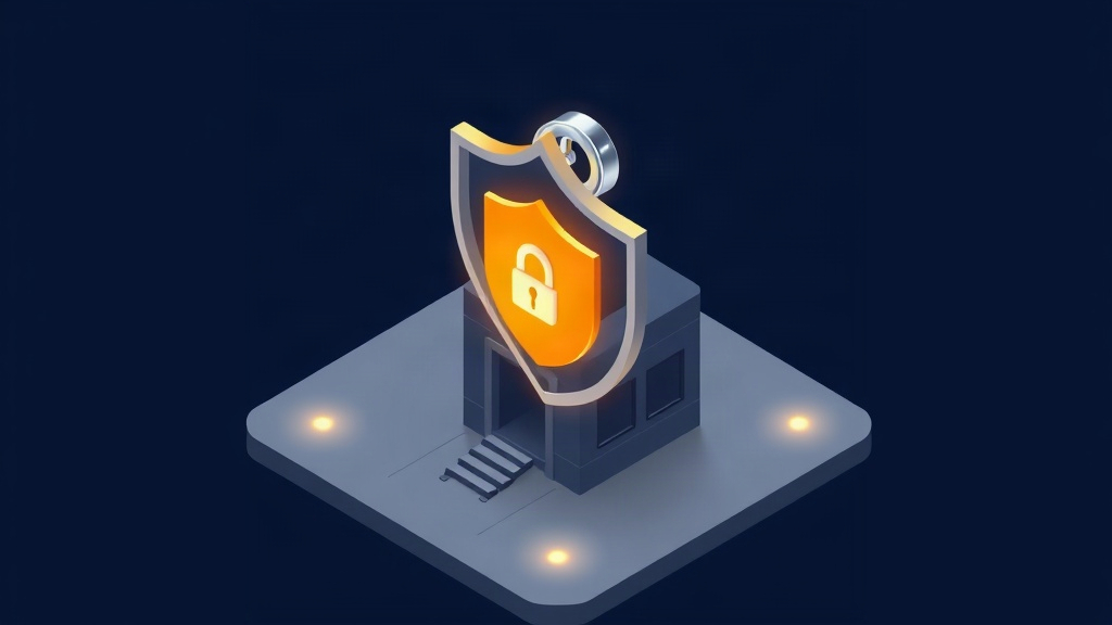Isometric illustration of a shield protecting a small business from a phishing hook, in navy and gold.