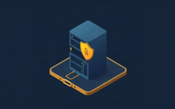 Isometric illustration of a virtual server rack protected by a shield and lock, symbolizing VMware vCenter security.