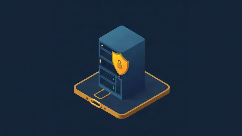 Isometric illustration of a virtual server rack protected by a shield and lock, symbolizing VMware vCenter security.