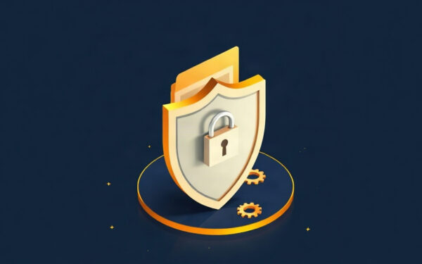 Isometric illustration of a shield protecting a SharePoint document folder, symbolizing ransomware protection.