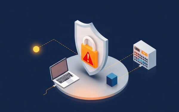 Isometric illustration of a gold shield protecting devices from a red ransomware threat on a dark navy background.