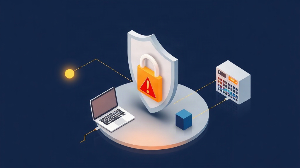 Isometric illustration of a gold shield protecting devices from a red ransomware threat on a dark navy background.