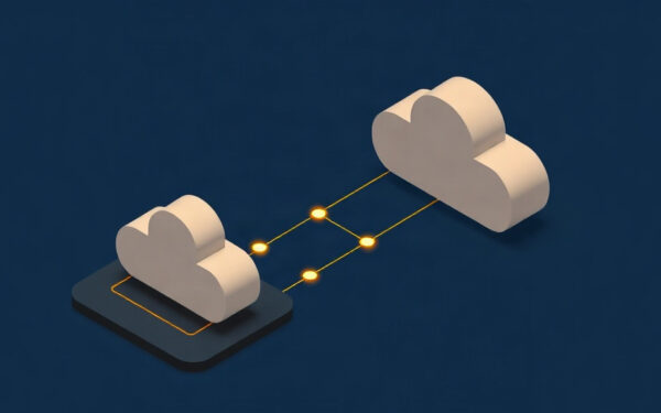 Isometric illustration of two clouds connected by gold AI lines on dark navy background