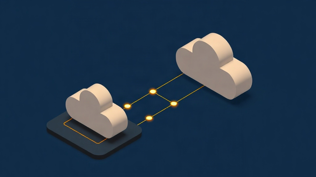 Isometric illustration of two clouds connected by gold AI lines on dark navy background