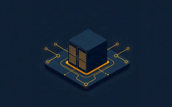 Isometric visualization of a modern AI data center with gold energy accents against a dark navy background.