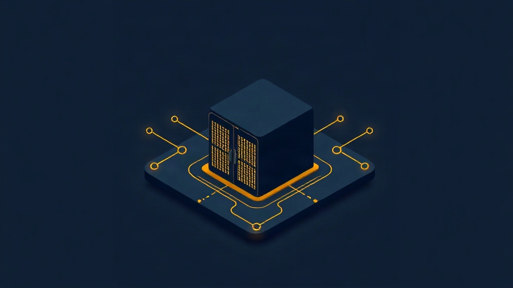 Isometric visualization of a modern AI data center with gold energy accents against a dark navy background.