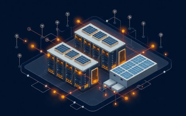 Isometric illustration of an AI data center with energy and network elements in gold and navy blue.