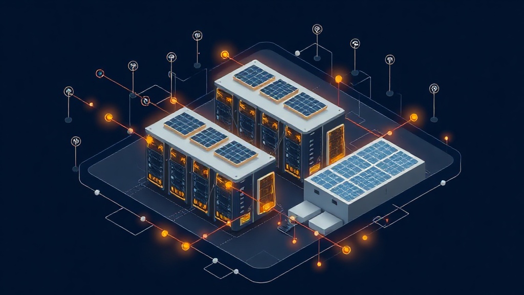 Isometric illustration of an AI data center with energy and network elements in gold and navy blue.