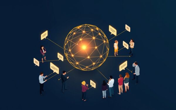 Isometric illustration of young professionals in an office, some interacting with an AI core, others talking in groups, on dark navy with gold accents