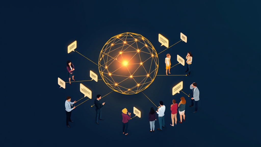 Isometric illustration of young professionals in an office, some interacting with an AI core, others talking in groups, on dark navy with gold accents