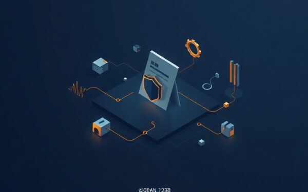 Isometric illustration on dark navy background with gold accents depicting data chaos and order, symbolizing AI content governance.