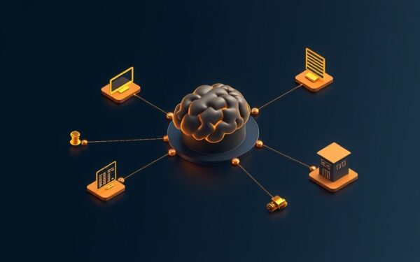 Abstract isometric illustration of AI system with connected nodes on dark background with gold accents.