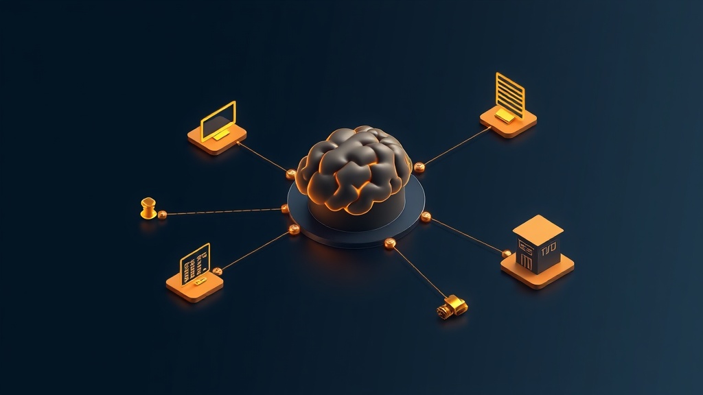 Abstract isometric illustration of AI system with connected nodes on dark background with gold accents.
