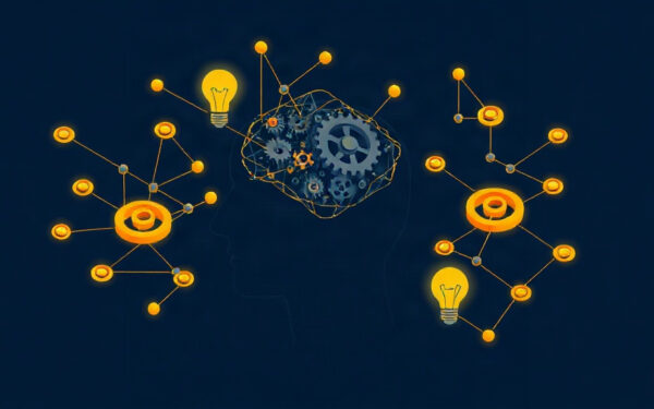 Isometric illustration of a human head with gears and light bulbs representing AI-enhanced thinking
