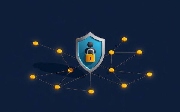 Isometric illustration of a shield with a person and AI nodes on dark navy background with gold accents