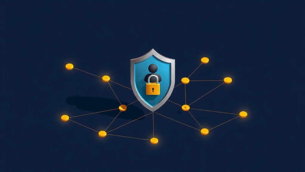 Isometric illustration of a shield with a person and AI nodes on dark navy background with gold accents