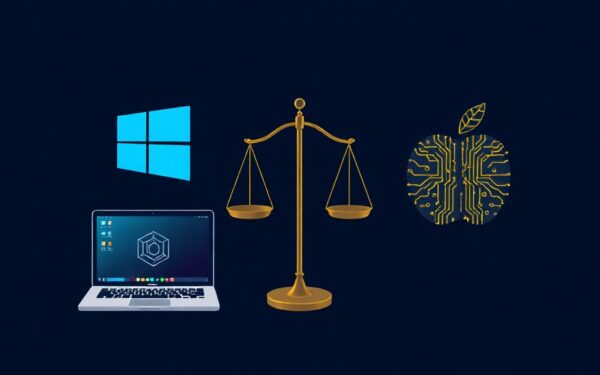 Copilot+ PC vs Apple Intelligence comparison illustration with Windows and Apple logos and a balanced scale