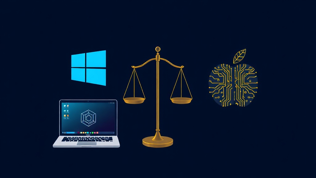 Copilot+ PC vs Apple Intelligence comparison illustration with Windows and Apple logos and a balanced scale