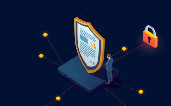 Isometric illustration of a shield blocking a fake government data request.