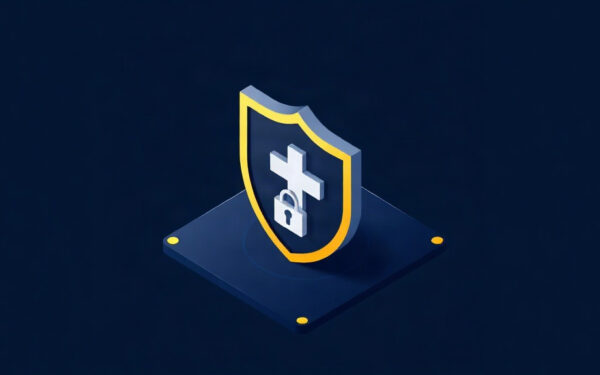Isometric illustration of a shield protecting patient data with a lock, symbolizing healthcare data breach protection.
