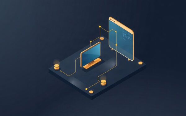 Isometric illustration of a shield protecting a network from ransomware on dark navy background with gold accents.