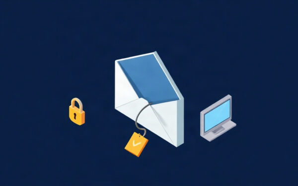 Isometric illustration of a phishing email with a hook and security icons on a dark navy background with gold accents.