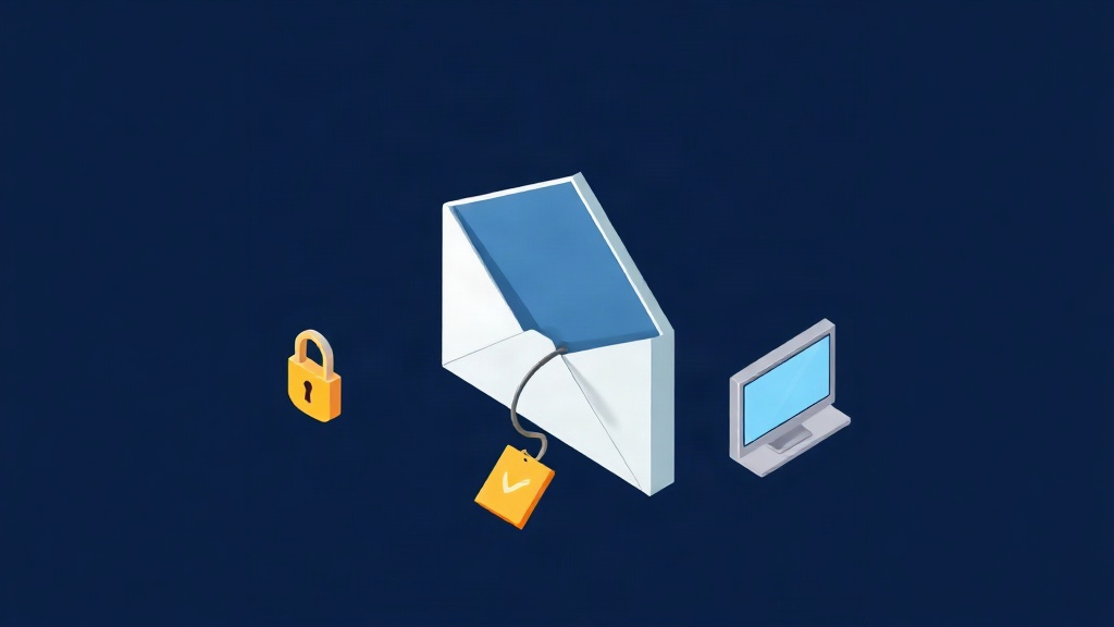 Isometric illustration of a phishing email with a hook and security icons on a dark navy background with gold accents.
