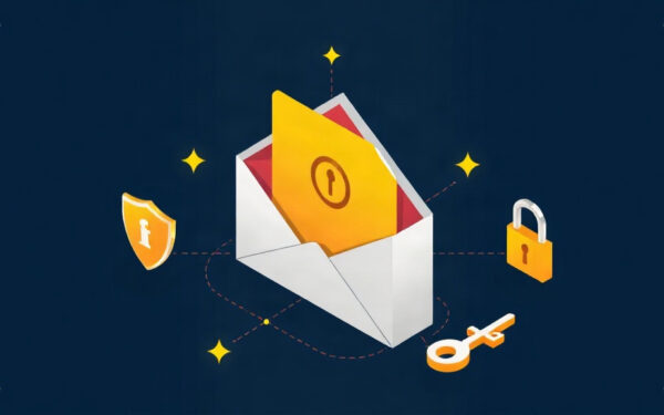 Isometric illustration of email phishing attack with security shield and lock on dark navy background with gold accents.