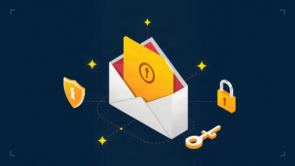 Isometric illustration of email phishing attack with security shield and lock on dark navy background with gold accents.