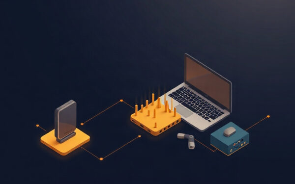 Isometric illustration of a phishing attack on IT provider with gold accents on dark navy background.