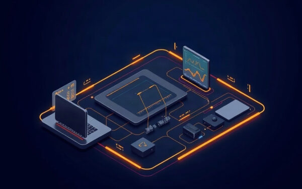 Isometric illustration of a shield protecting a network of computers and servers.