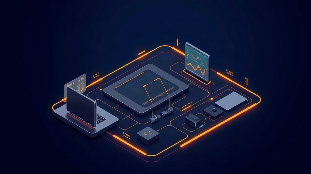 Isometric illustration of a shield protecting a network of computers and servers.