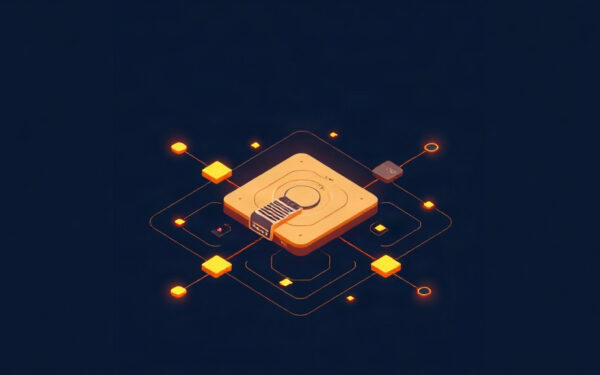 Isometric illustration of a shield protecting a network from phishing attacks.