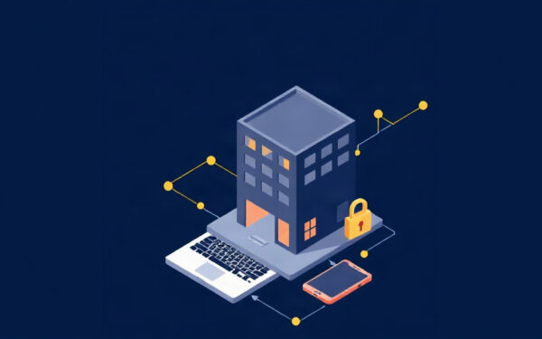 Isometric illustration of office building, laptop, and phone protected by a gold shield on navy background