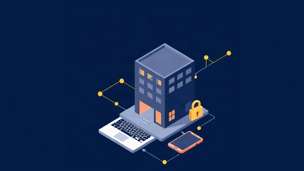 Isometric illustration of office building, laptop, and phone protected by a gold shield on navy background